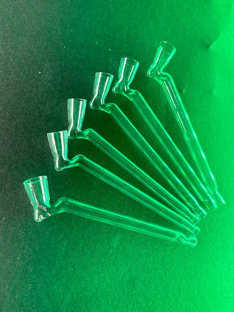 Six bent BUXI glass pipes arranged in a fan